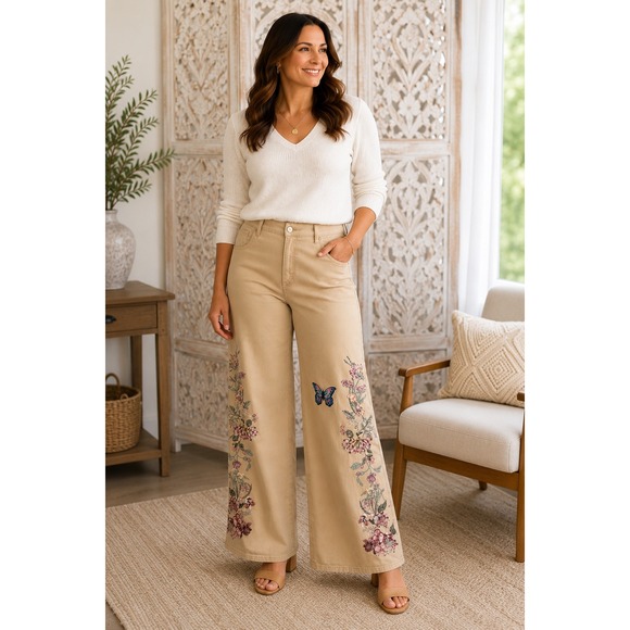 Chico's Pants - Chicos So Slimming High Rise Wide Leg Pants Tan Floral Butterfly Embroidered 3P